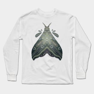 Graphic Purple, Green, and Grey Moth Sketch Artwork Long Sleeve T-Shirt